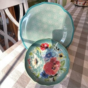 Pioneer Woman Teal Hyacinth Dinner Plate and Melody Pasta Bowl